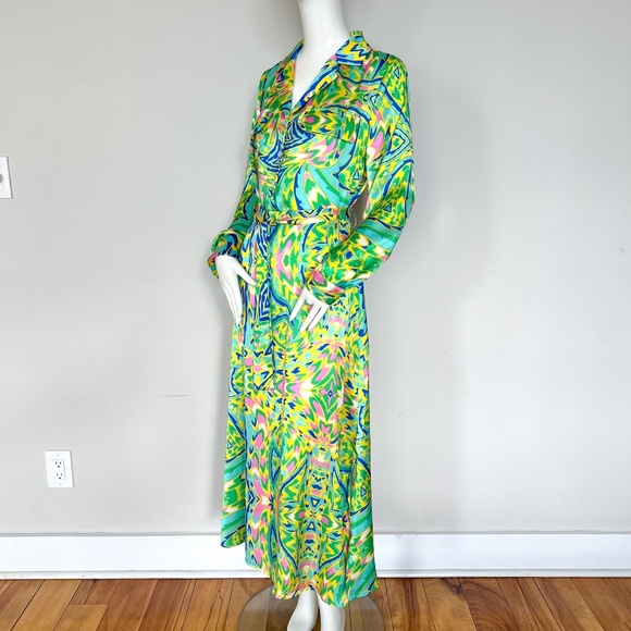 Escandelle | French Designer Maxi Dress Tropical Print Retro Long Sleeve Satin - Picture 1 of 16